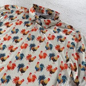 Waggle Golf Polo Shirt Short Sleeve‎ White Rooster Print Stretch Mens L Barstool
